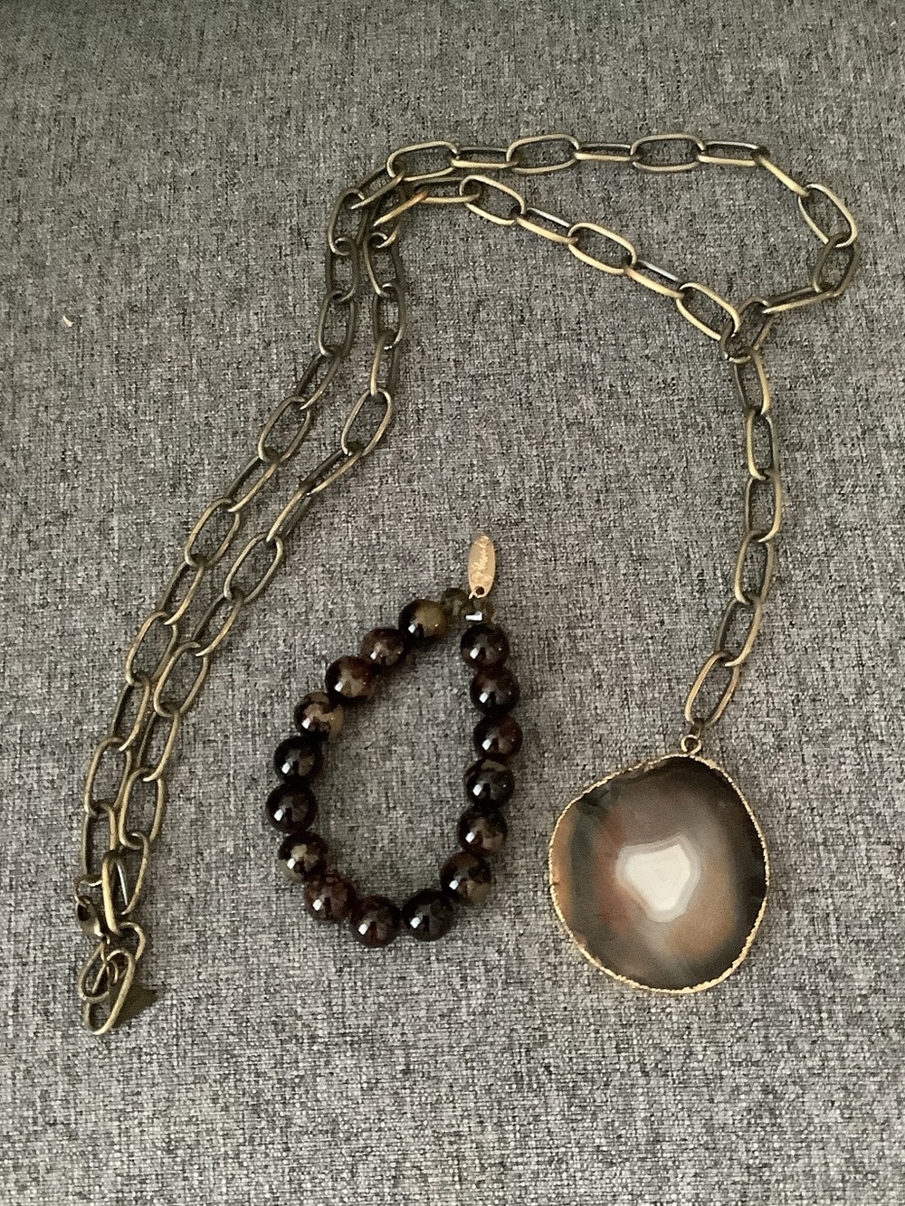 Gold-Tone Chain Necklace with Brown Agate Pendant